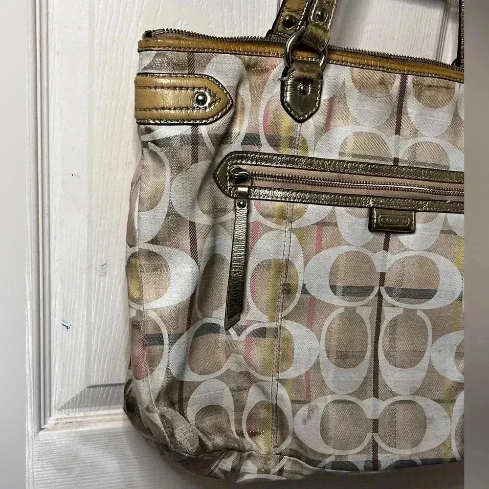 Rare spring colored plaid Coach tote Well Loved But Still Has Life Vintage Bag - Picture 2 of 9